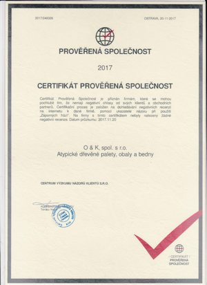 Certifikát prověřená společnost 2017